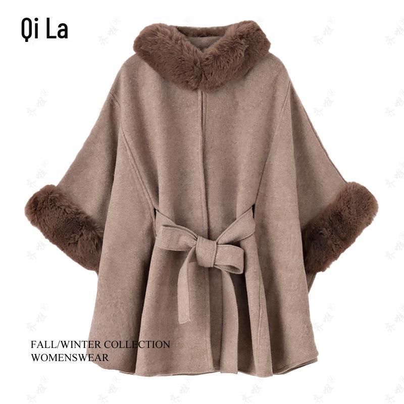 Women's Fox Fur Collar Wool Cape - Lace-up, Plus Size, Autumn/Winter Shawl.