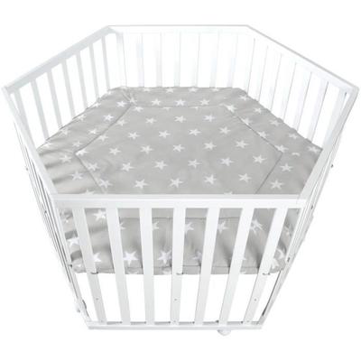 Hexagonales Baby Laufgitter - ROBA - LITTLE STARS - Höhenverstellbar - Gepolsterte Hülle - Gebremste Räder - Holz Lackiert Weiß - Sternenmuster