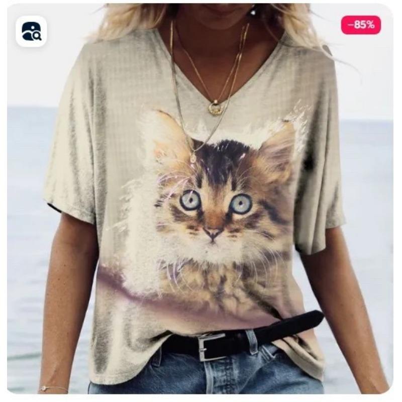 Sommer Damen V-Ausschnitt T-Shirt Niedliche Katze Orangescheiben Aufdruck Lässig Locker Kurzarm Top