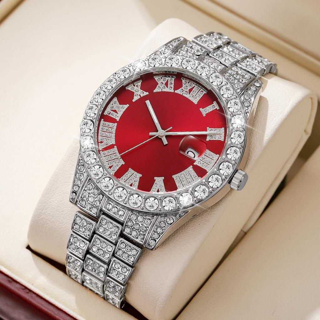 Fashion Full Diamond Men's Watch Stainless Steel Band Male Quartz Wristwatches Date Calendar Watches