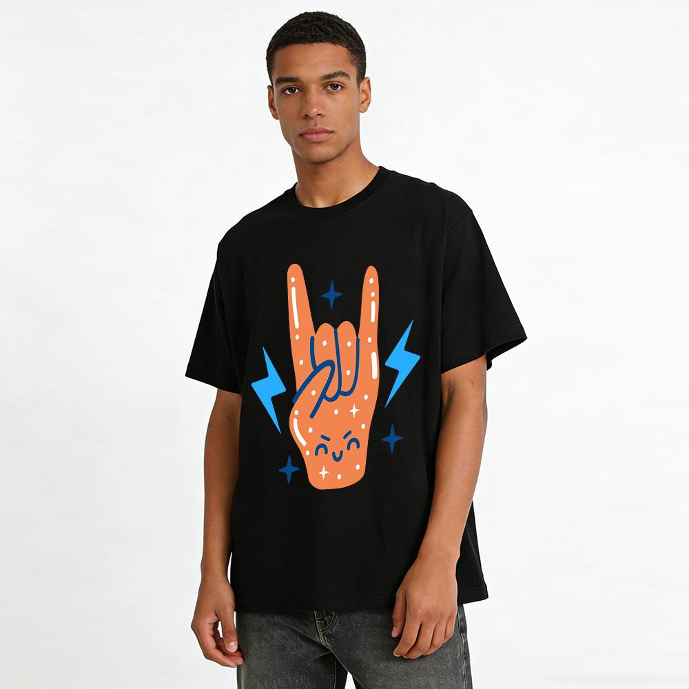 Funny Rock Gesture Print Adult T-shirt Trendy Casual Breathable Crew Neck Short Sleeve Top Pure Cotton T-shirt
