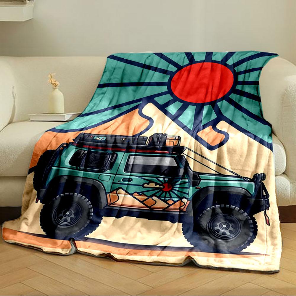 Bold graphic pattern featuring a red sun, rays, and stylized mountains. for all seasons blanket lunch break throw gift