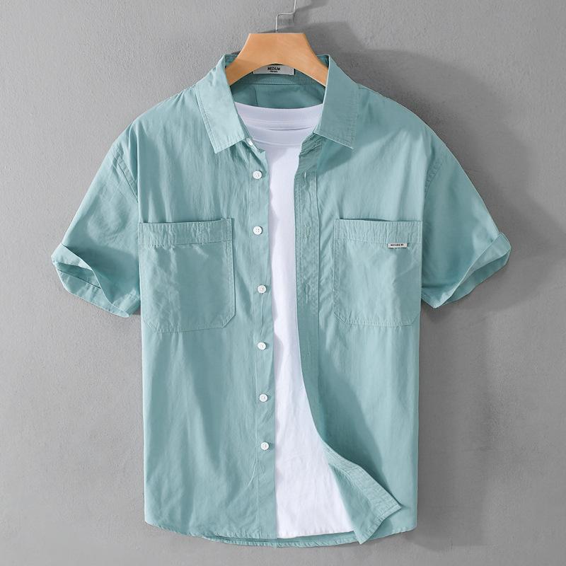 Summer Men's Casual Shirt Daily Pure Cotton Short Sleeve Shirt Lapel Collar Solid Color Double Pockets Shirt Youth Simple Style Men Clothing