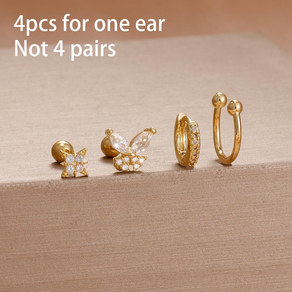 4 Stück Französisches Design Edelstahl Huggie Creolen Set Für Damen Anhänger Blumenkrone Zirkon Ohrstecker Piercing Schmuck