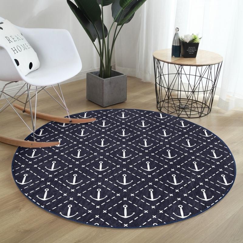 

Modern Anchor Pattern Digital Printed Navy Blue Office Round Carpet With Washable Non-Slip Base On Colorful Floor