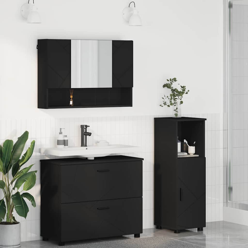 Bathroom Furniture Set with Door 3 Pcs Black Plywood and Metal