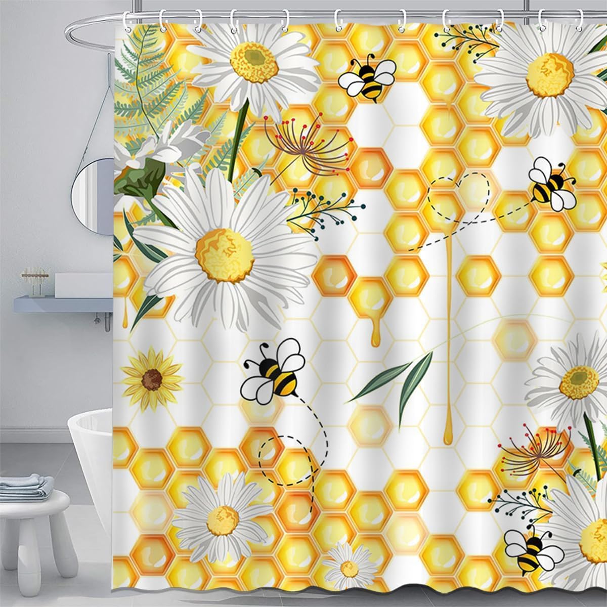Tonnika Chen Yellow/White Bee Shower Curtain Set Honeycomb Daisy Shower Curtain For Bathroom Honeybee Fabric Shower Curtain With Inches