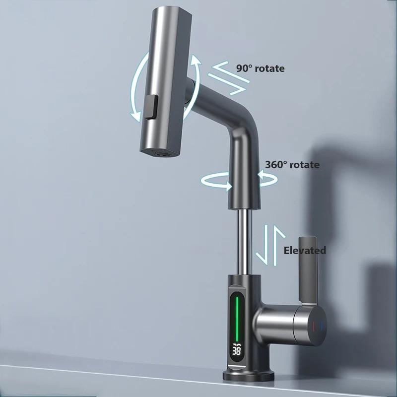Waterfall Temperature Digital Display Basin Faucet Lift Up Down Stream Sprayer Bathroom Hot Cold Water Sink Mixer