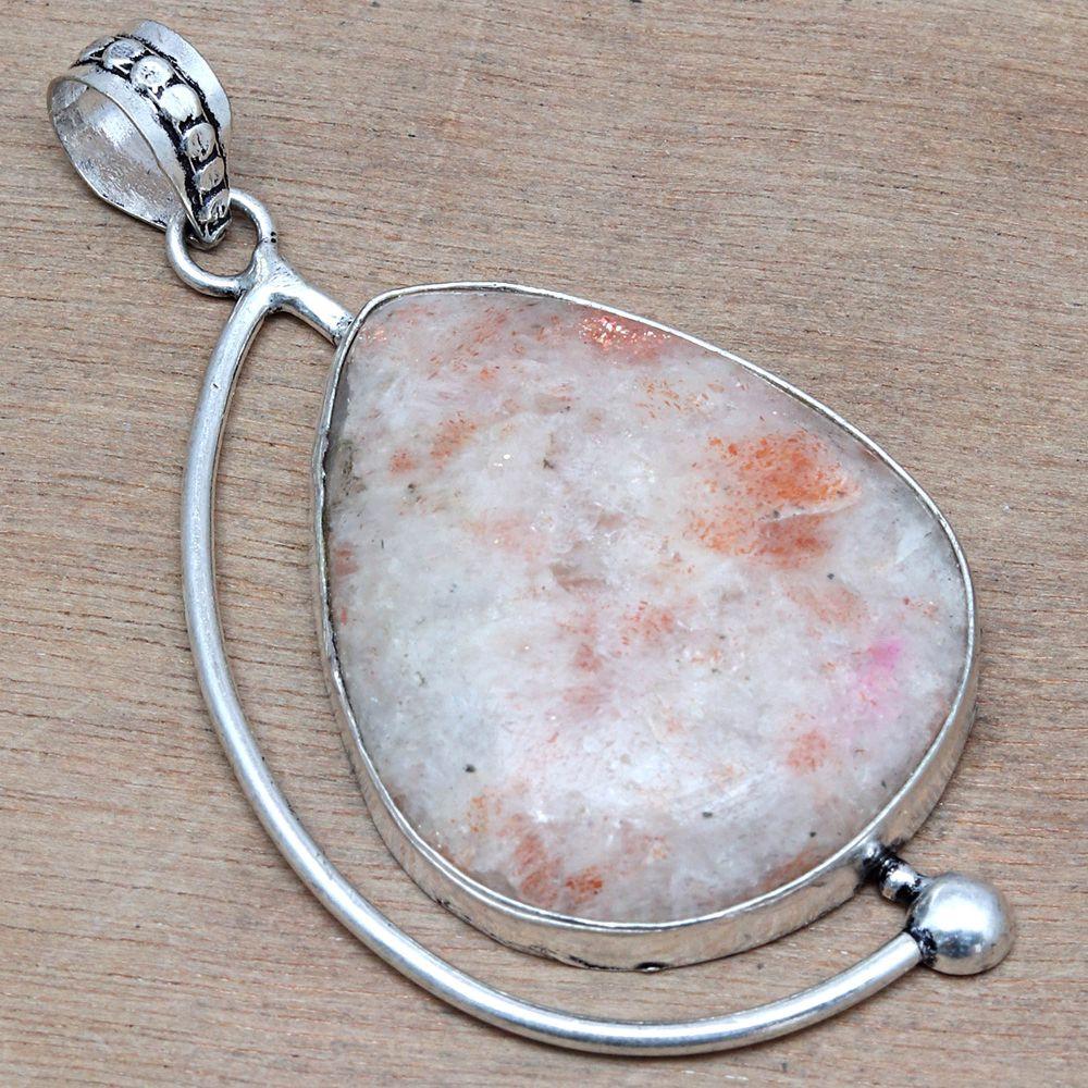 Necklace Sunstone Gemstone Handmade Gift For Her Silver Jewelry 2.5"