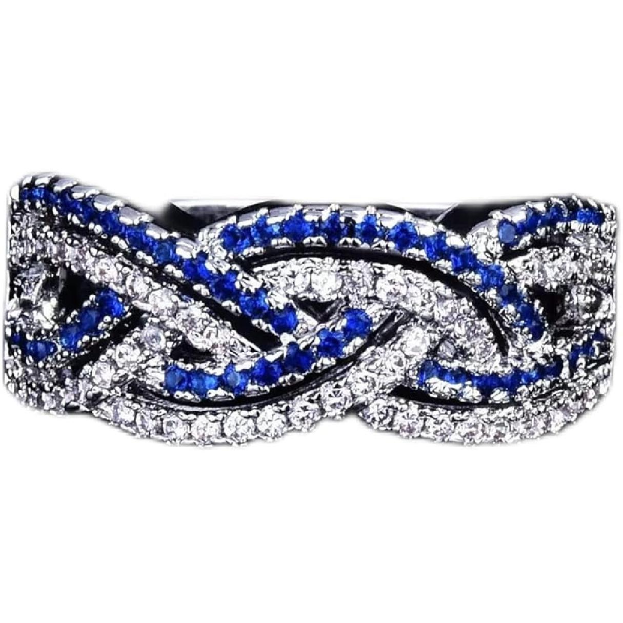 925 Sterling Silver Shiny Full Diamond Ring 18K Gold Sapphire Cocktail Ring Blue Cubic Zirconia Promise Rings CZ Diamond Multi Row Ring Eternity US Code 10