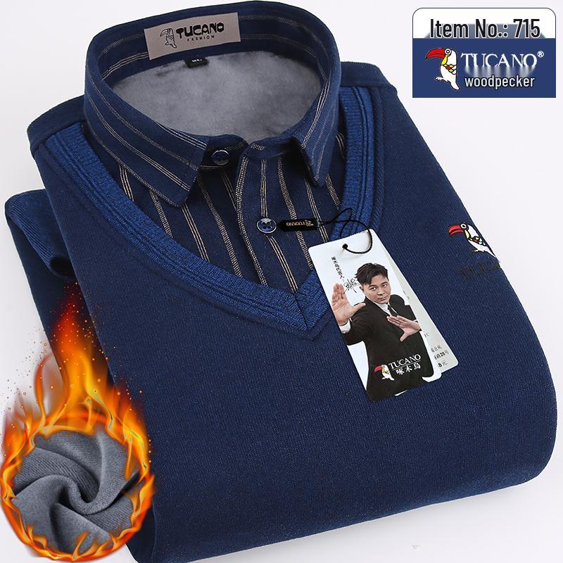 Woodpecker Men's Fleece-Lined Long Sleeve Two-in-One Thick Shirt Sweater for Dad