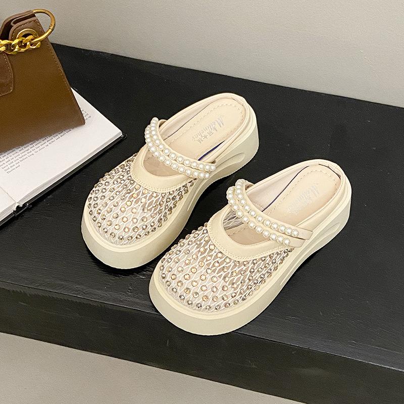 Бантовые жемчужные сандалии на платформе из сетки, летние новые, высококлассные, с головой-маффином и сумкой, крутые шлепанцы 34 бежевый