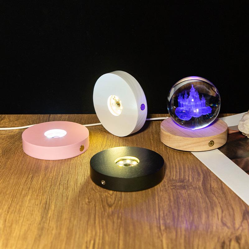 Rechargeable Luminous Night Light with Seven-Color Crystal Ball on Wood Base