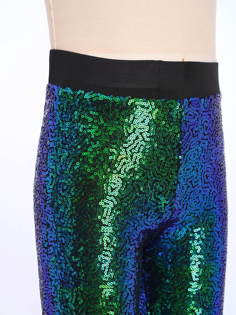 Pantaloni Compleți pentru Spectacol pe Scenă pentru Fete: Pantaloni evazați strălucitori cu paiete și talie elastică pentru dans și spectacol