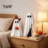 Rustic Plaid Bow Decor 2 Pcs Spooky Ghost Halloween Decoration, Cute Standing with Broom Farmhouse Tabletop Ornaments And Pumpkin for Indoor