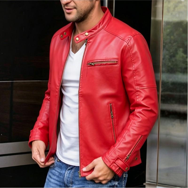 Mens Stand Collar PU Leather Jacket Punk Biker Style Loose Fit Winter Outerwear Young Adults