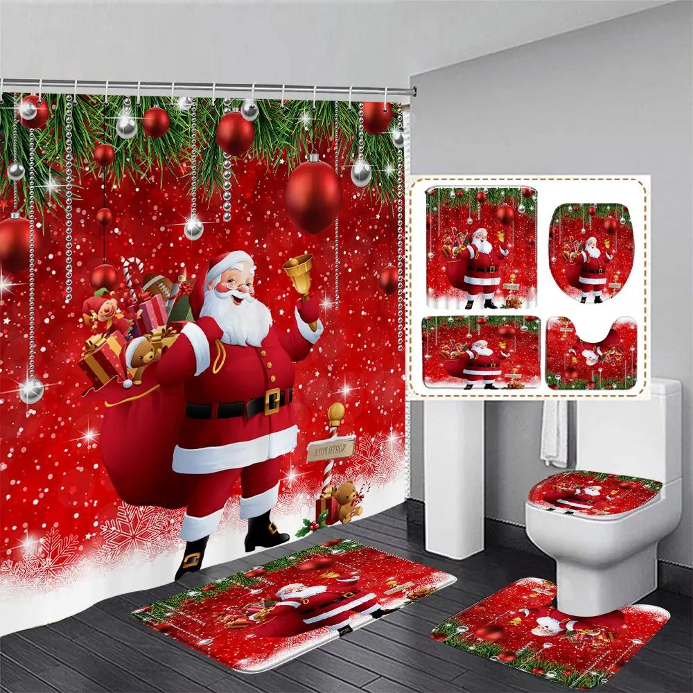 Niedlicher Schneemann-Weihnachts-Duschvorhang-Set, silberne Tannenzweige, Schneeflocken-Weihnachtskugeln, Badezimmer-Dekor, Teppich, Badematte, Toilettendeckelbezug