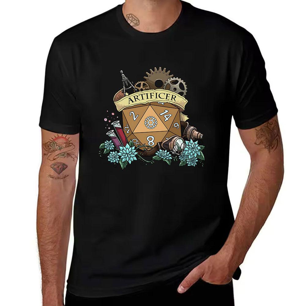 Men's Cotton Short Sleeve T-Shirt, DND Artificer Themed Print, Steampunk D20 Dice & Gear Design