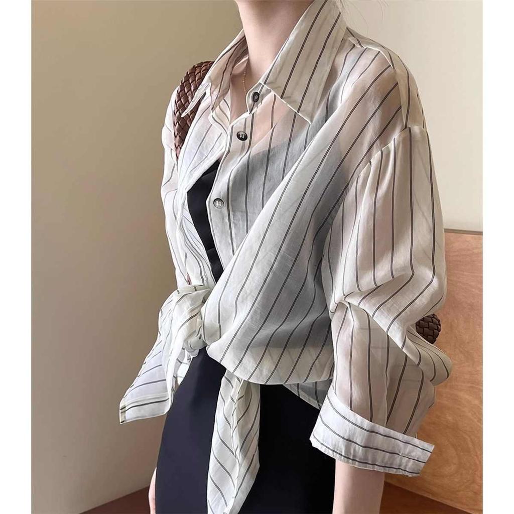 Large Size Ice Silk Striped Shirt for Women In Summer Thin Breathable Versatile Sunscreen Cardigan Jacket,Top