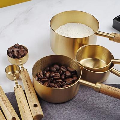 Stainless Steel Measuring Cups Spoons Gold Wooden Handle Baking Tools Kitchen Accessories Bartending Scale
