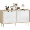 High-Gloss Buffet, Storage Unit with 4 Doors, Adjustable Shelves, 141 X 35 X 77 Cm, White and Oak
