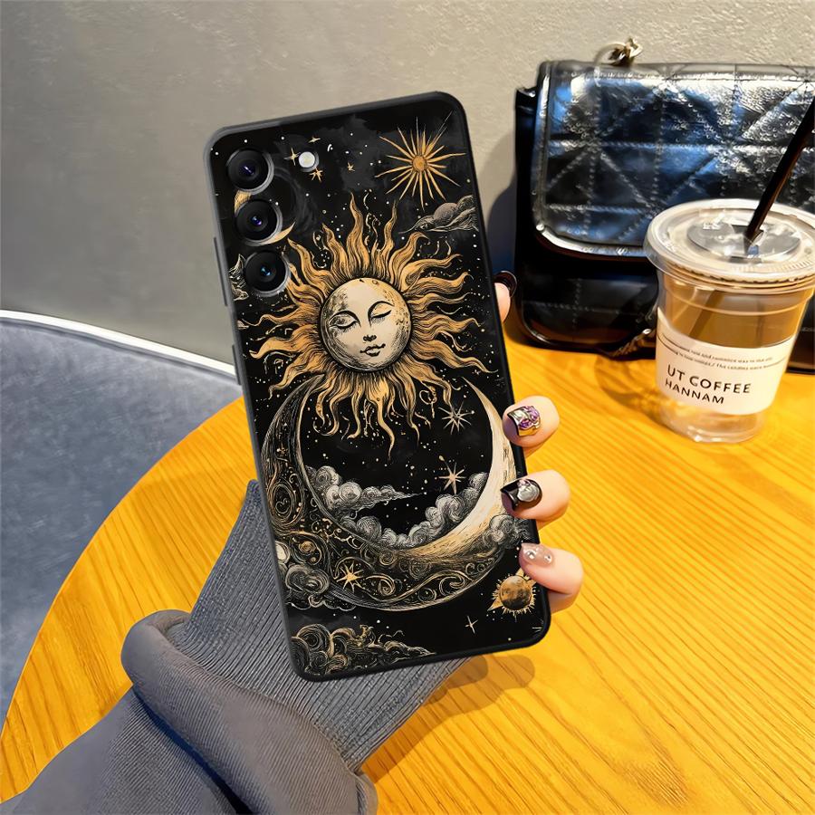 Sternen-Mond-Muster Hülle für Samsung Galaxy A25 A71 A23 A53 A35 A32 A26 A72 A36 A51 A73 A41 A24 A55 A22 A52 Schwarze Weiche Handyhülle
