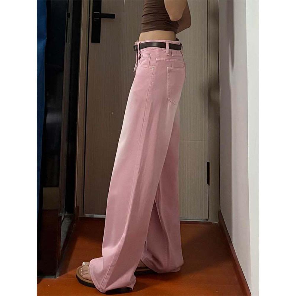 Women's High Waist Wide Leg Jeans Loose Gradient Pink Washed Straight Floor Length Denim Pants