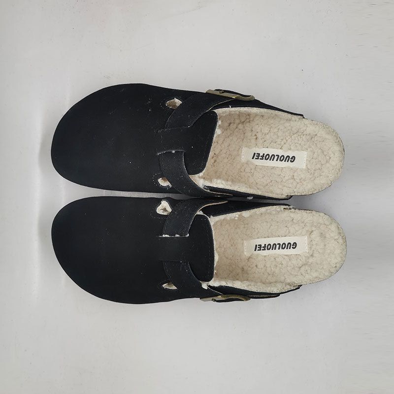 

Модные зимние мужские тапочки с закрытым носком из пробкового меха 2024 года из коровьей замши, плюшевые сандалии из пробки для мужчин и женщин, садовые сандалии 46 чёрный