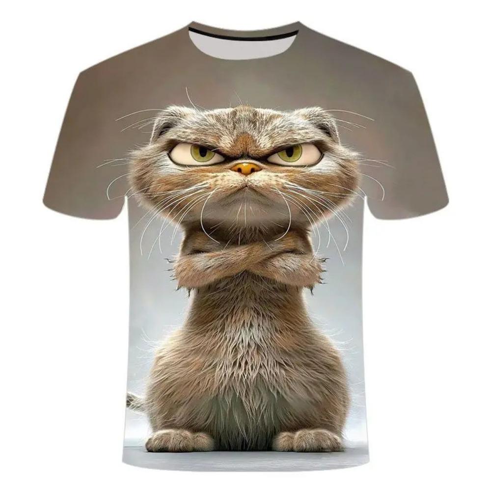 Men's T-shirt with fun cat pattern, 3D animal print, loose summer short sleeve casual round-neck top