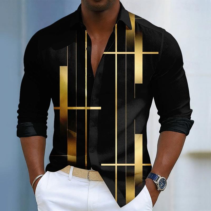 Men's shirt with black geometric line printed long sleeved shirt, high-quality business casual loose flap cardigan
