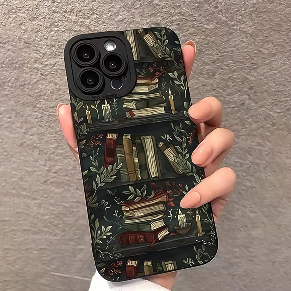 Vintage Perforierte Kante Lila Bücherregal Bemalte Hülle Für iPhone 16 15 14 13 12 11 Pro Max XS X XR 7 8 16 Plus SE 2022 2020 Abdeckung