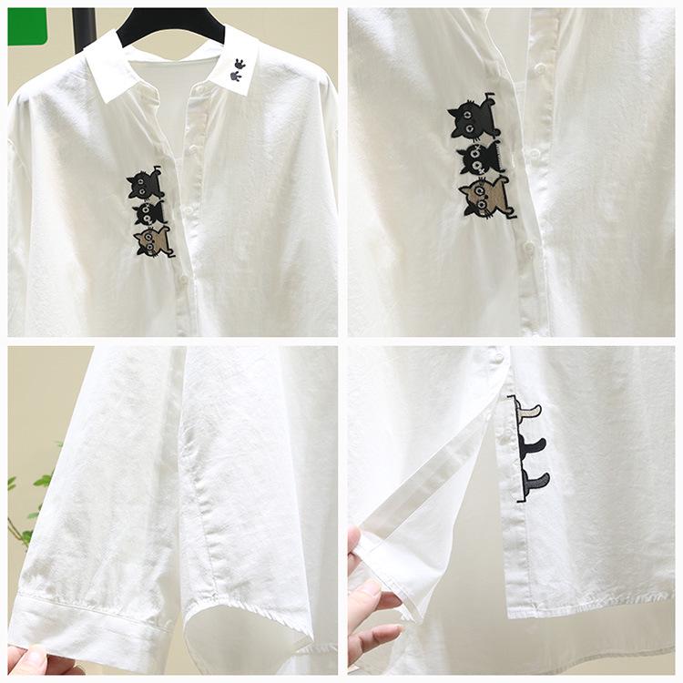 Cămașă de damă cu mânecă lungă din bumbac pur, cu broderie pisică - Top versatil casual de toamnă