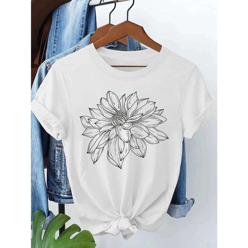 

European Size Round Neck Short Sleeve Women S Plus Size T Shirt with Stylish Black White Dahlia Pattern Casual Elegant Fashion S белый