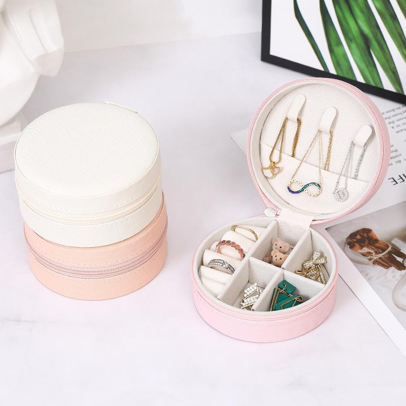 Portable Round Jewelry Box Necklace and Earring Storage Case Travel Jewelry Case PU Leather Display Box