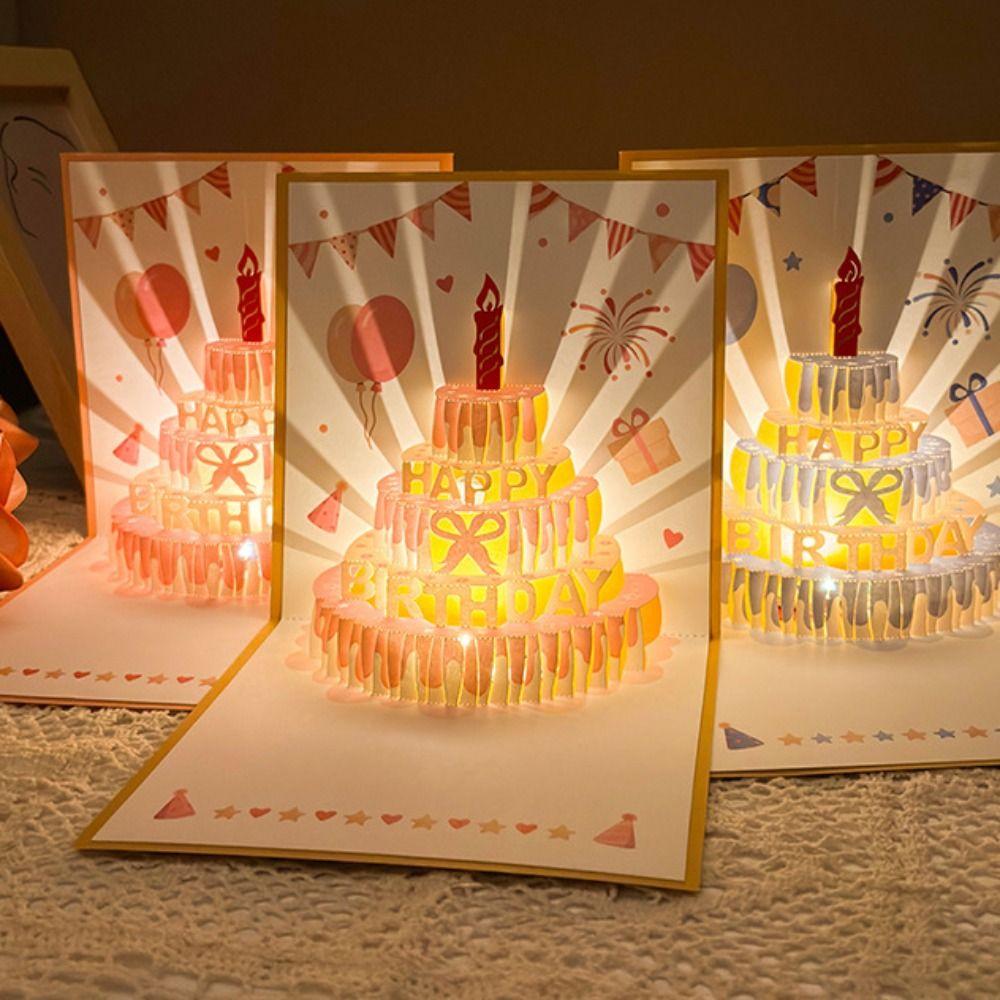 Alles Gute zum Geburtstag 3D Musik Leuchtende Karten mit Umschlag Musik Licht Leuchtender Kuchen Grußkarte Faltbare Pop-Up Geburtstagskarten