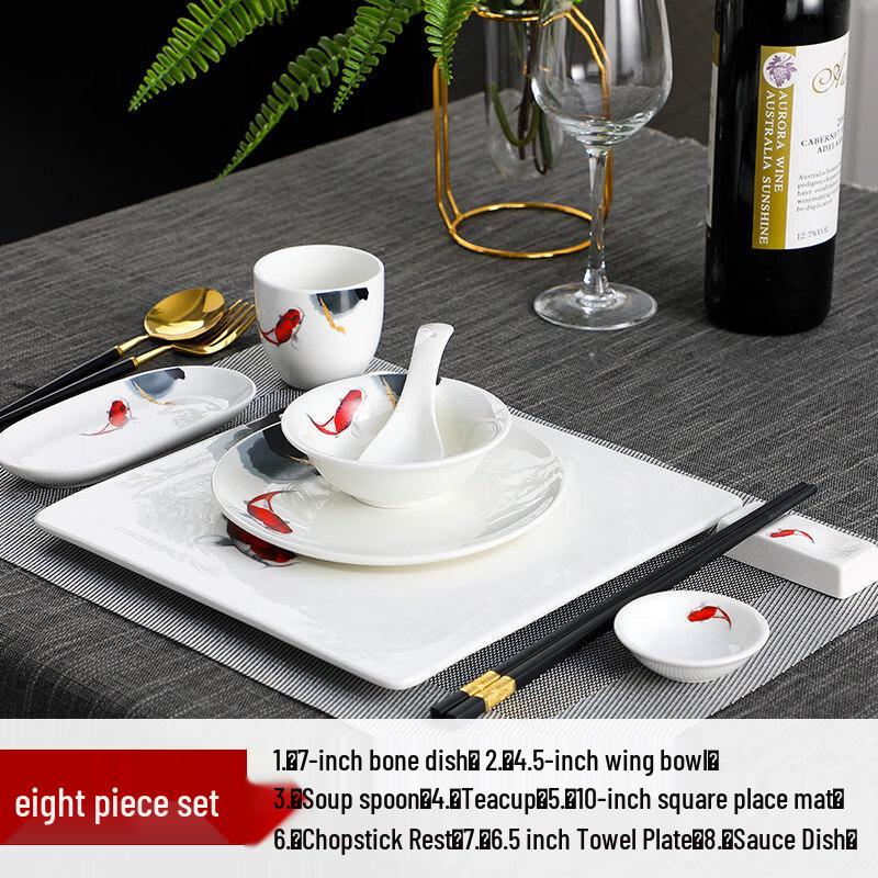 Handmade Chinese Ceramic Carp Design 8-Piece Tableware Set