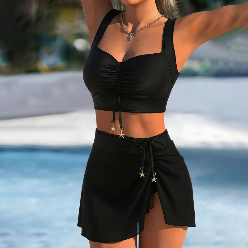 Elegant Black Starfish Decor Ruched Drawstring Two Piece Skirted Bikini Set Swimsuit for Women Beach Pool Vacation