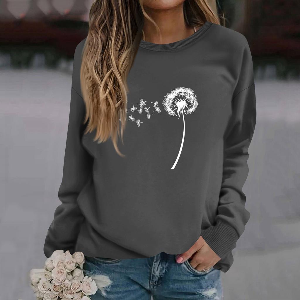 Mote for kvinner, avslappet langermet ensfarget trykket genser med rund hals