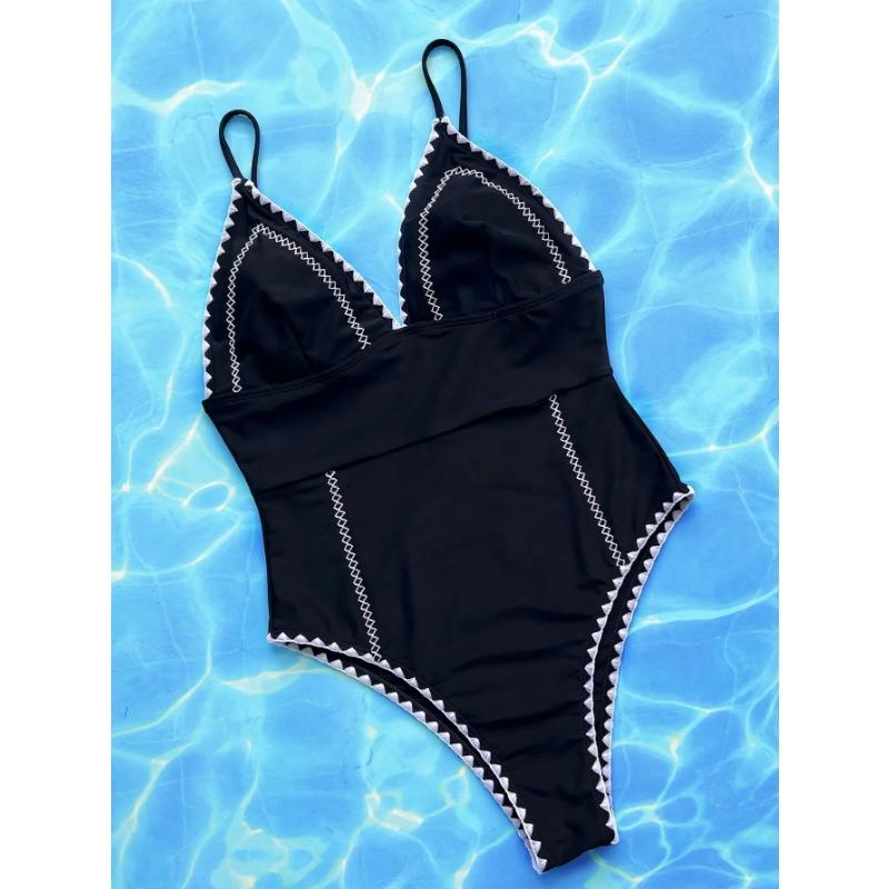 Schwarzer Strick Einteiliger Badeanzug mit Brust 2025 Damen Patchwork V-Ausschnitt Push-Up Bauchkontrolle Bademode Strand Badeanzug Monokini