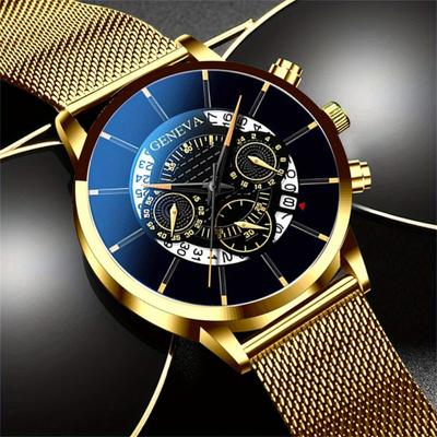 Herrenmode Business Kalender Uhren Blaues Edelstahl-Netzarmband Analog-Quarz-Armbanduhr