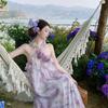 Romantic Seaside Vacation Dress Three-dimensional Flower Purple Floral Dress Halter Neck Beach Dress Long Dress