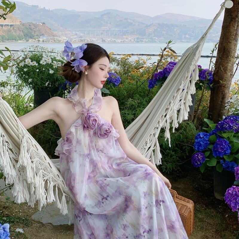 Romantic Seaside Vacation Dress Three-dimensional Flower Purple Floral Dress Halter Neck Beach Dress Long Dress