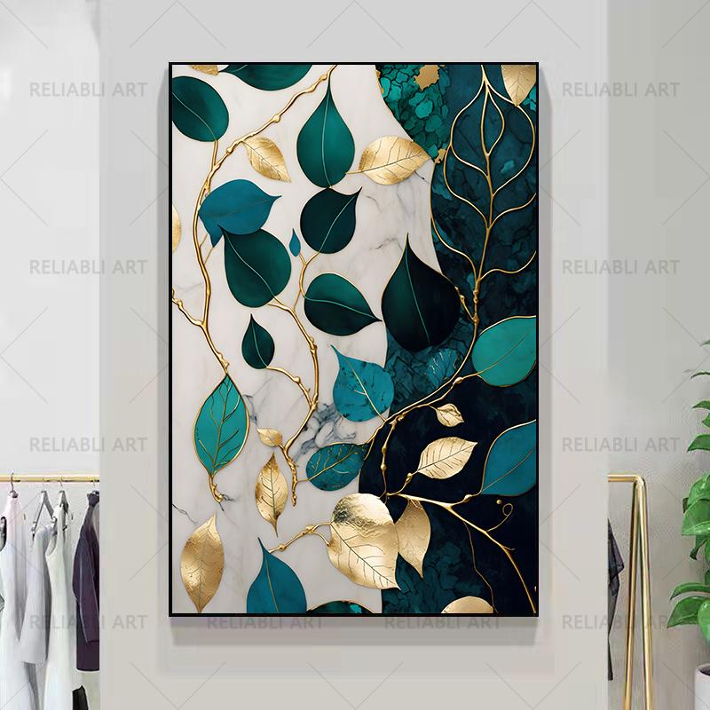 

Лист в зеленом мраморе, золотой постер, декор стен, абстрактные листья, холст, живопись, зеленые листья, цветочные постеры и принты, настенное искусство 30x45cm No Frame