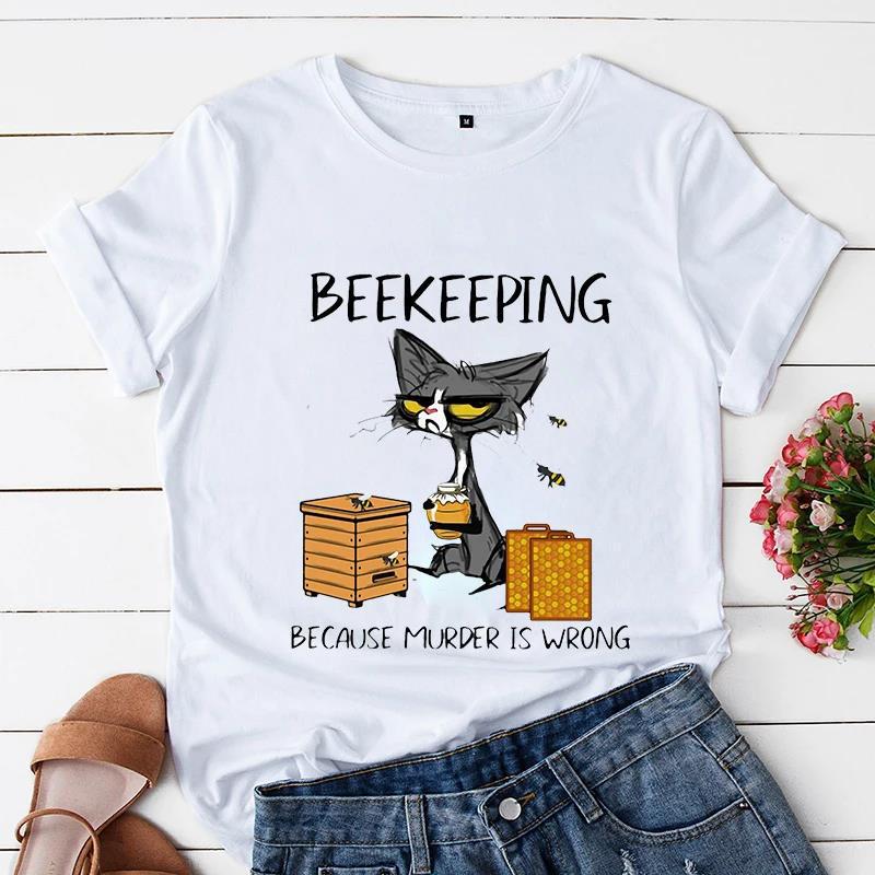Sommer Kurzarm T-Shirt bedruckt mit Schwarzer Katze Gartenarbeit Lässig Lockeres Oberteil, Modische Reine Baumwoll-T-Shirts Damen
