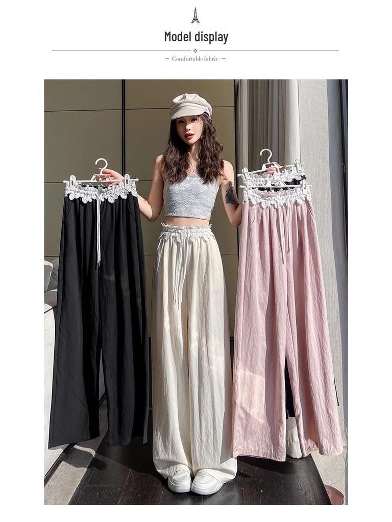 High-Waisted Sweet Lace Patchwork Wide-Leg Pants for Women - Loose-Fit Drawstring Trousers for Spring & Autumn