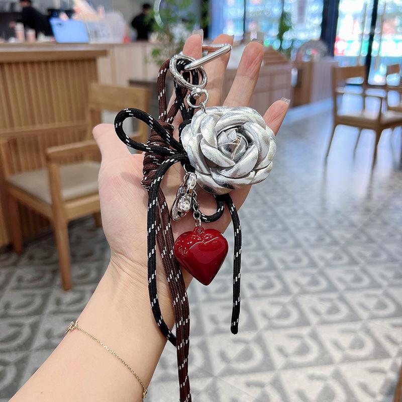 Handmade Camellia Flowers Heart Handbag Pendant Simple Tassels Backpack Hanging Bag Accessory