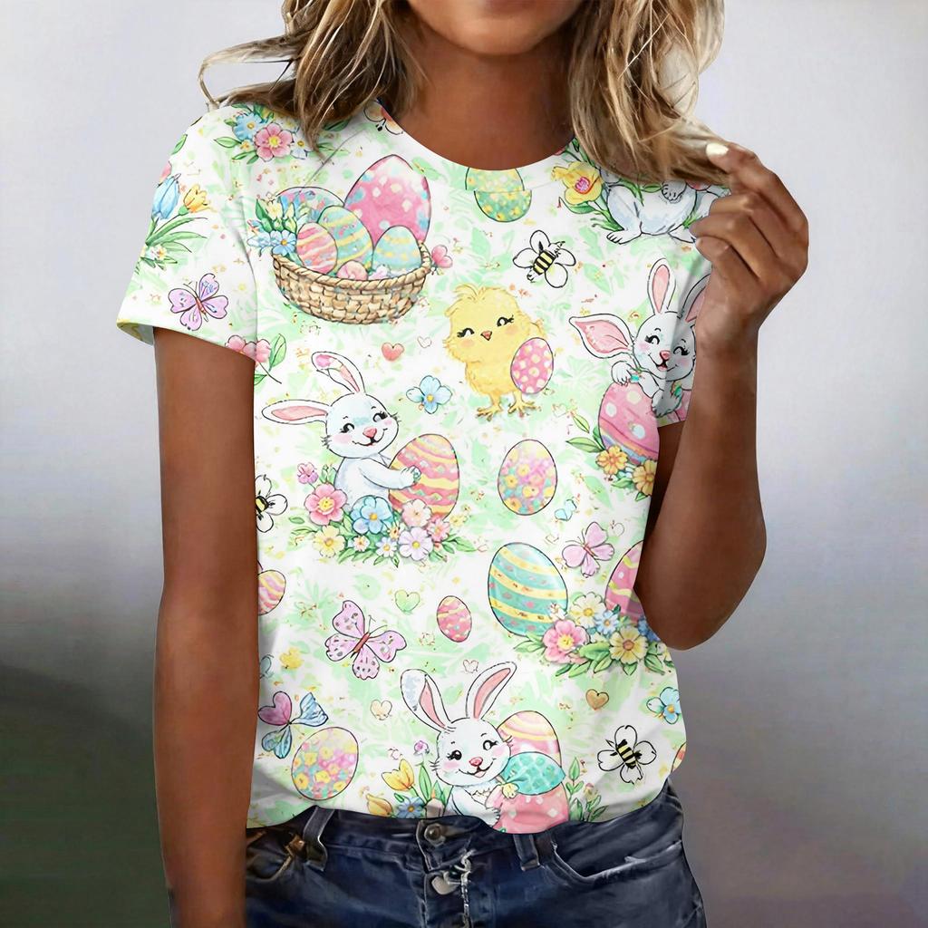 Women's Fashionable Casual Short-Sleeved Raglan Sleeve Easter Print T-Shirt Top