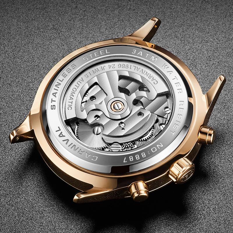 New CARNIVAL Grey Dial Luxury Tourbillon Watch For Men Mechanical Travel Time Wrist Watch Men Leather Waterproof