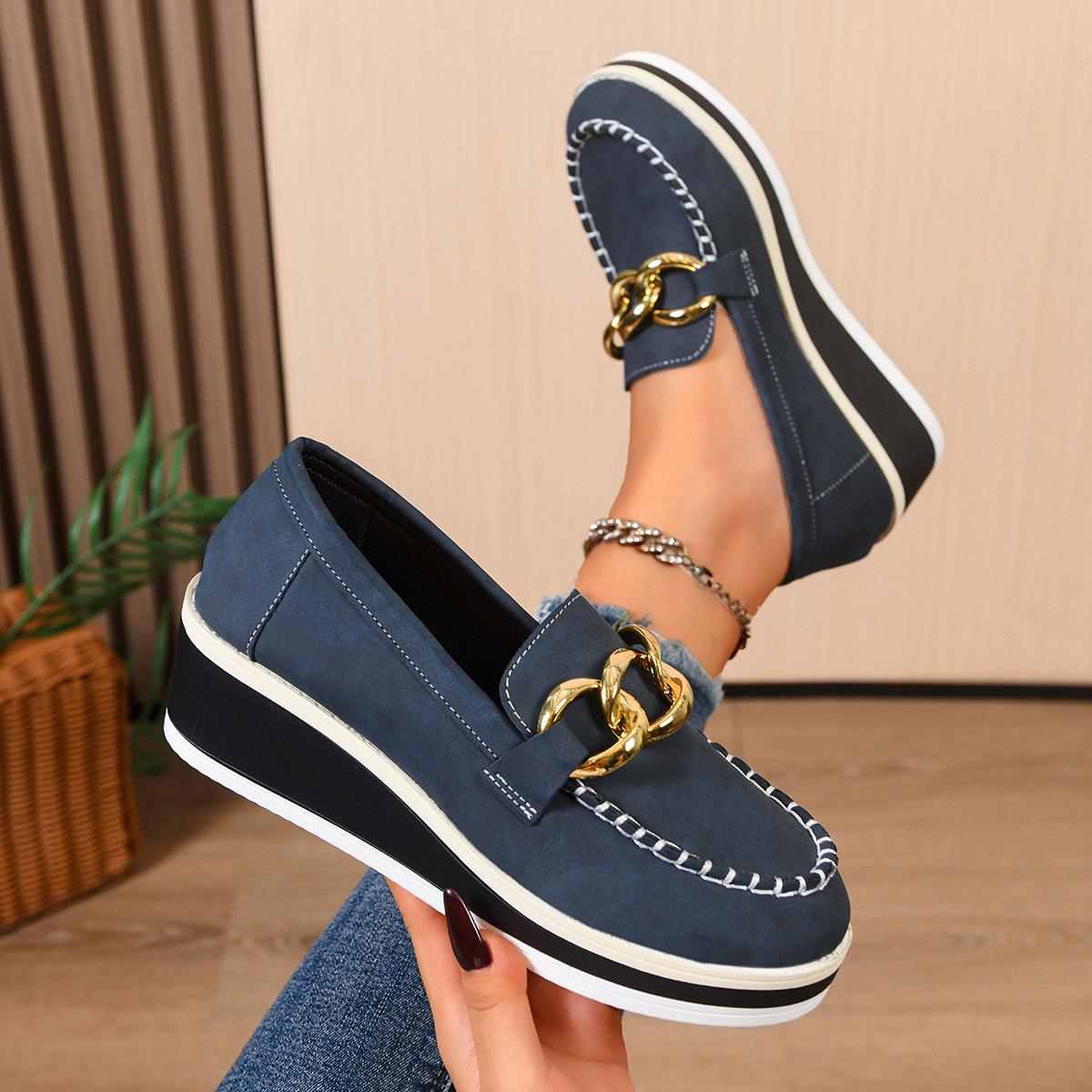 Женские туфли на платформе с толстой полосатой подошвой металлической пряжкой и клиновидным каблуком Слипоны Дизайн с увеличением роста 43 синий 2630₽