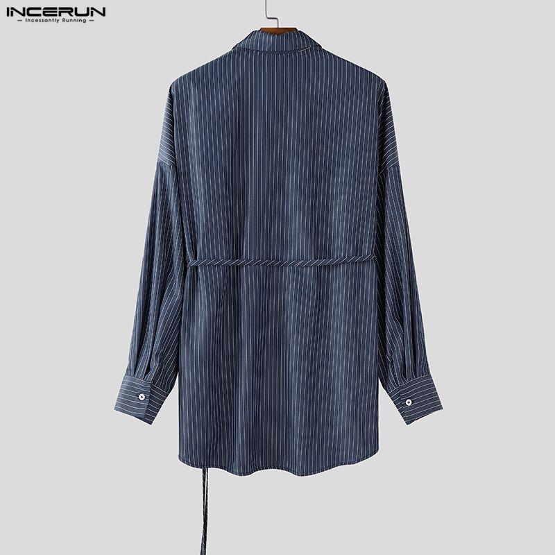 INCERUN Plus Size Men Lapel Neck Long Sleeve Lace-up Striped Loose Casual Long Shirts